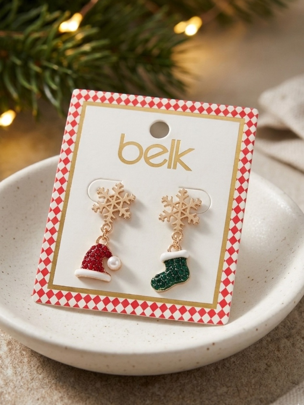 belk Christmas Snowflake Earrings with Santa Hat & Stocking